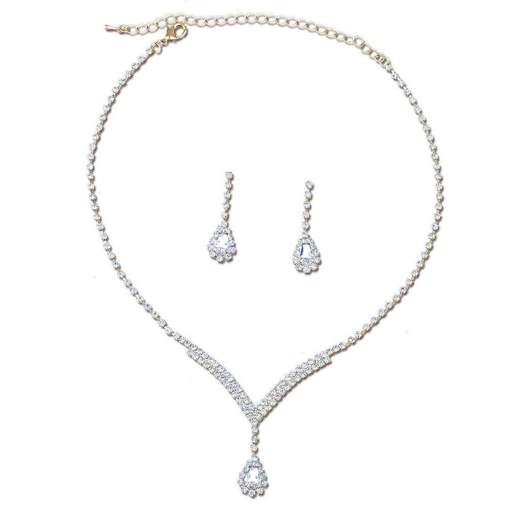 Diacly Y Shape Rhinestone Necklace Set Women OS Silver Clear Bridal Glam NEW - Picture 3 of 8